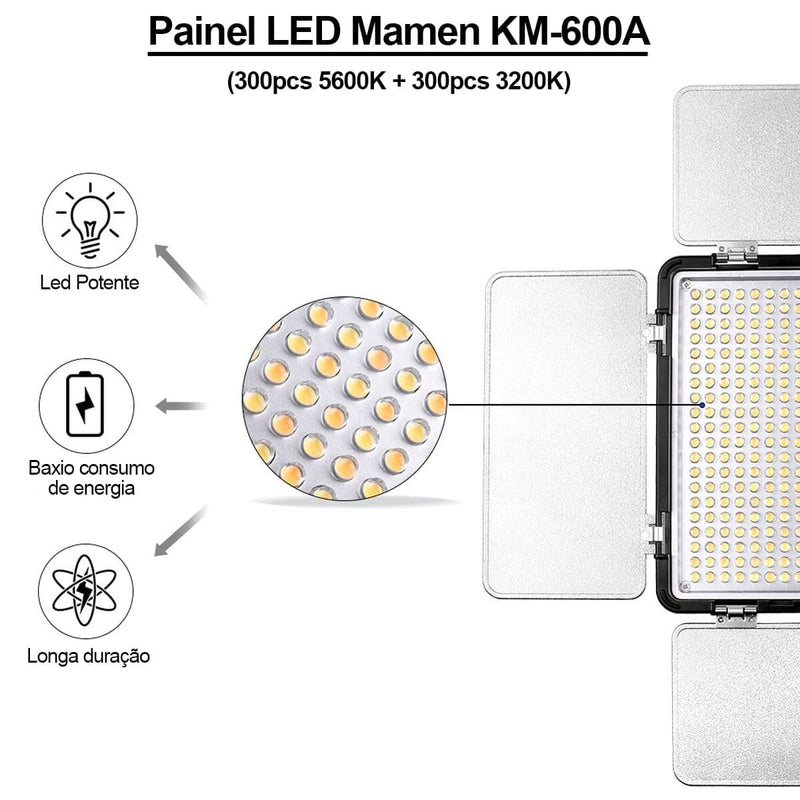 Iluminador LED Bicolor 600 Mamen KM600A com Fonte ou Baterias Led Mamen 